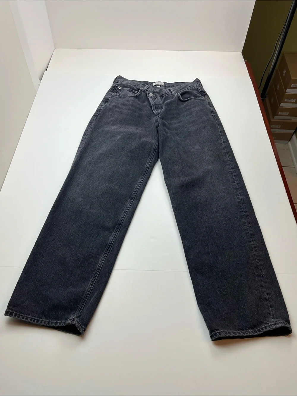 Agolde Criss Cross Denim Jean Asymmetrical Faded Black Pockets‎ Womens Size 27